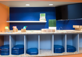 orange and blue workplace cafeteria