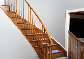oak finish wooden stairway