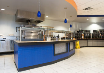 blue and orange workplace cafeteria