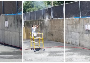 Before and after power washing a business